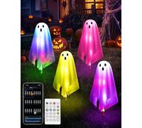 Lot de 4 décorations d'Halloween fantômes d'extérieur pour allée, décoration fantôme lumineuse avec contrôle par application et télécommande, changement de couleur, lumières à faire soi-même