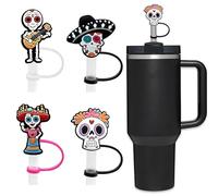 Lot de 4 décorations en silicone réutilisables pour tasse Stanley et plus encore, 10 mm, motif tête de mort mexicaine et personnage, accessoires de boissons festives
