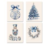 Lot de 4 décorations murales de Noël sans cadre bleu - Affiche tendance de vacances d'hiver rétro pour décoration murale de Noël, chambre à coucher, salon - 20,3 x 25,4 cm
