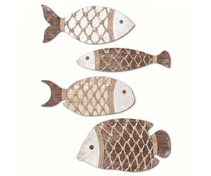 Lot de 4 décorations murales en bois en forme de poisson, décoration | Finition en bois léger de qualité supérieure. Montage facile sans perçage, harmonie d'ameublement dans des tons neutres.