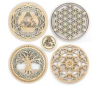 Lot de 4 décorations murales géométriques sacrées de 13,5 cm - Décoration de méditation (l'œil d'Horus | La fleur de vie | L'arbre de vie | Cube de métatron) - Grille en cristal - Décoration de yoga -