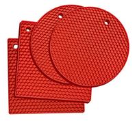 Lot de 4 Dessous de Plat Ronds et Carrés en Silicone, Tapis de Dessous de Plat en Silicone, Coussin Chauffant - Ouvre-Boîte, Pinces, Éplucheur D'ail, Tapis de Séchage, Dessous de Verre (Rouge)