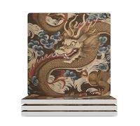 Lot de 4 dessous de verre carrés en céramique de style chinois oriental dragon asiatique pour protection de table, table basse, bureau, décoration d'intérieur, cadeaux de pendaison de crémaillère