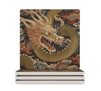 Lot de 4 dessous de verre carrés en céramique de style chinois oriental dragon asiatique pour protection de table, table basse, bureau, décoration d'intérieur, cadeaux de pendaison de crémaillère