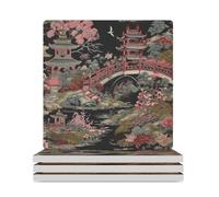 Lot de 4 dessous de verre carrés en céramique pour table basse, motif pavillon asiatique, motif pavillon asiatique, convient pour les types de tasses