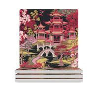 Lot de 4 dessous de verre carrés en céramique pour table basse, motif pavillon asiatique, motif pavillon asiatique, convient pour les types de tasses
