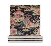 Lot de 4 dessous de verre carrés en céramique pour table basse, motif pavillon asiatique, motif pavillon asiatique, convient pour les types de tasses