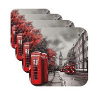 Lot de 4 dessous de verre en cuir rouge London Street pour boissons, tasse à thé, cuisine, bar, décoration d'intérieur, cadeau de pendaison de crémaillère