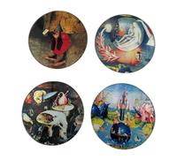 Lot de 4 dessous de verre en verre avec motifs de Jheronimus Bosch dans un support en métal Ø 10 cm, dans une élégante boîte cadeau