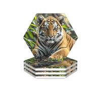 Lot de 4 dessous de verre hexagonaux en céramique avec support en métal Motif grand tigre - Tapis de protection de table pour décoration d'intérieur