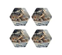 Lot de 4 dessous de verre hexagonaux en cuir - Sous-verres légers en forme de famille de loups au pays des merveilles d'hiver pour bureau, dessous de verre anti-brûlure pour décoration de table de