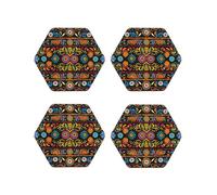 Lot de 4 Dessous de Verre hexagonaux imprimés Style bohème et Art Populaire Mexicain, pour Boire, Dessous de Verre en Cuir pour décoration d'intérieur et Protection de Table