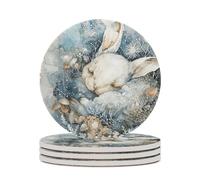 Lot de 4 dessous de verre ronds en céramique avec base en liège - Motif lapin endormi - Résistant à la chaleur - Pour boissons chaudes et froides - Décoration de table - Bar à domicile ou bureau