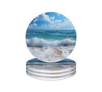 Lot de 4 dessous de verre ronds en céramique avec support - Thème océan et plage - Résistant à la chaleur - Pour protéger la table - Accessoires de bureau - Décoration d'intérieur