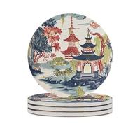 Lot de 4 dessous de verre ronds en céramique, blanc, corail, bleu marine, pagode asiatique, pour protection de table, table basse, bureau, décoration d'intérieur, cadeaux de pendaison de crémaillère