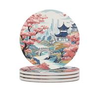 Lot de 4 dessous de verre ronds en céramique pour table basse, motif pagode chinoiserie, blanc, corail, bleu, asiatique