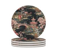 Lot de 4 dessous de verre ronds en céramique pour table basse, motif pavillon asiatique, motif pavillon asiatique, convient pour les types de tasses