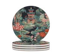 Lot de 4 dessous de verre ronds en céramique pour table basse, motif pavillon asiatique, motif pavillon asiatique, convient pour les types de tasses