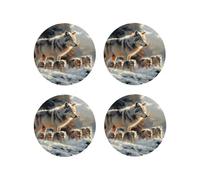 Lot de 4 dessous de verre ronds en cuir - Sous-verres légers en forme de famille de loups au pays des merveilles d'hiver pour bureau, anti-brûlure, pour décoration de table de bureau