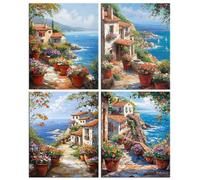 Lot de 4 Diamond Painting Kit Adulte, 5D DIY Chalet avec vue sur la mer Kits de Peinture Diamant, Ronde Diamond Cristal Enfant Débutant Art Mosaïque Broderie Set pour Décor Murale Maison 30x40cm R-285