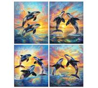 Lot de 4 Diamond Painting Kit Adulte, 5D DIY épaulards marins Kits de Peinture Diamant, Ronde Diamond Cristal Enfant Débutant Art Mosaïque Broderie Set pour Décor Murale Maison Cadeau 60x80cm R-324