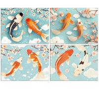 Lot de 4 Diamond Painting Kit Adulte, 5D DIY Sakura koi Kits de Peinture Diamant, Ronde Diamond Cristal Enfant Débutant Art Mosaïque Broderie Set pour Décoration Murale Maison Cadeau 30x40cm R-1073