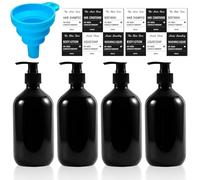 Lot de 4 distributeurs de savon de 500 ml : bouteilles de shampoing à remplir avec étiquettes et entonnoir, distributeur de savon noir pour savon liquide, shampoing, après-shampoing, gel douche