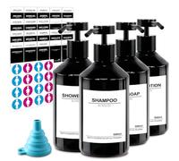 Lot de 4 Distributeurs de Savon Noir 500 ML Distributeur Shampoing et Gel Douche avec 56 étiquettes étanches - Distributeur Savon Salle de Bain - Distributeurs de Liquide Vaisselle pour Cuisine