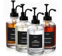 Lot de 4 distributeurs de sirop pour sirop de café - Bouteilles en verre avec pompe et 24 étiquettes noires (allemand) - Distributeur de sirop pour café - Accessoires de bar - 500 ml - Noir