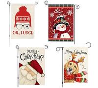 Lot de 4 drapeaux de jardin de Noël en lin double face, mini rustique, hiver, ferme, pelouse, cour, extérieur, décoration extérieure, 30,5 x 45,7 cm