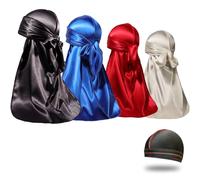 Lot de 4 Durags soyeux pour homme et femme, 360 vagues avec 1 bonnet ondulé, queue extra longue en satin soyeux, Noir, bleu, rouge, blanc, One Size-L
