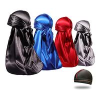 Lot de 4 Durags soyeux pour homme et femme 360 vagues avec 1 bonnet ondulé, satin soyeux, longues queues
