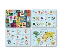 Lot de 4 Éducatifs Set de Table pour Enfant - l'Alphabet Français - Carte du Monde - Chiffres - Citation Positive - Animaux Sets de Table Lavable en Plastique PVC Cuir - Antidérapant - Taille A3
