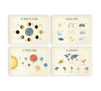 Lot de 4 Éducatifs Set de Table pour Enfant - Plastique Sets de Table Lavable en PVC Cuir - Carte du Monde Continents - Phase Lune SYSTÈME Solaire MÉTÉO - Antidérapant - Taille A3