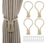 Lot de 4 embrasses de rideau magnétiques avec 20 patins à rideaux, avec cordon de serrage, en bois bohème, faites à la main, corde de coton, pour décoration de rideau (beige)