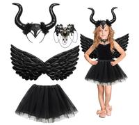 Lot de 4 Ensemble Déguisement Diable pour Enfant, Cornes Reine Costume Enfant avec Corne du Diable Robe Tutu Ailes Noires Collier, Costume de Carnaval pour Fille Halloween Carnaval Cosplay