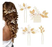 Lot de 4 épingles à cheveux de mariée - Accessoires Cheveux Mariage Feuilles dorées - Perles de cristal - Vintage - Accessoires de cheveux de mariage - Pour mariées et demoiselles d'honneur