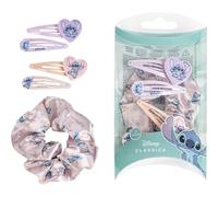 Lot de 4 épingles à cheveux et 1 chouchou en tissu Stitch - Couleur rose et lilas - Fabriquées avec des matériaux résistants - Imprimé inspiré du Stitch - Produit original conçu en Espagne