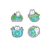 Lot de 4 épingles en émail motif chat en strass sur le thème de la terre - Économisez l'eau, aimez la terre, refusez la pollution blanche, rendez la terre agréable - Matériau en alliage, design
