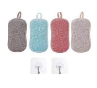 Lot de 4 éponges à récurer en microfibre lavables et réutilisables avec 2 crochets adhésifs (Multicolore, taille unique)
