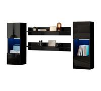 Lot de 4 étagères murales - Éclairage intelligent contrôlé par l'application - Surface brillante et portes en verre trempé - Pour salon - Compatible TV - Noir
