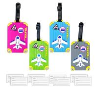 Lot de 4 Etiquette Bagage, Mignon Étiquette Valise Avion, Silicone Étiquette de Voyage Étiquettes Porte Adresse Porte Etiquette Bagage pour Valise, Bagages, Sacs à Dos, Voyages, 4 Couleurs