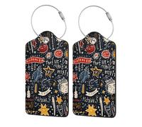 Lot de 4 étiquettes à bagages en cuir synthétique pour valise, peinture abstraite et mots avec boucle en acier inoxydable, étiquette d'identification pour femme et homme