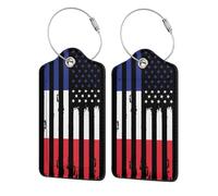 Lot de 4 étiquettes à bagages vintage en cuir à rayures, drapeau franco-américain, avec étiquette d'identification, cache de confidentialité et carte d'adresse. Boucles en acier inoxydable. Idéales p