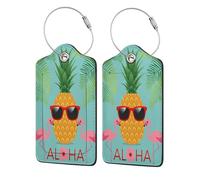 Lot de 4 étiquettes de bagage en cuir avec rabat d'intimité, étiquettes d'identification de sac, ananas flamant rose, porte-badge étanche avec boucle en acier inoxydable pour voyage, sac à dos