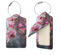 Lot de 4 étiquettes de bagage en cuir pour valises, orchidées, fleurs, papillons, étiquettes d'identification de valise en cuir avec étiquettes d'identification de nom et adresse et boucle en acier