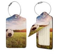 Lot de 4 étiquettes d'identification en cuir synthétique avec boucle en acier inoxydable - Motif ballon de football sur un terrain - Avec carte d'adresse, étiquette de sac essentielle de voyage