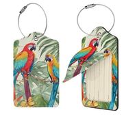 Lot de 4 étiquettes d'identification en cuir synthétique avec boucle en acier inoxydable, motif plantes tropicales et perroquets, étiquettes d'identification avec carte d'adresse, étiquettes de sac