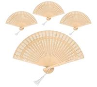 Lot de 4 éventail bois avec pompon blanc, design entièrement ajouré, eventail beige pliable en bois naturel pour eventail mariage, décoration, cadeau d'été
