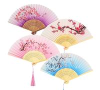 Lot de 4 éventails pliants en tissu de soie avec pompon creux sculpté, éventails pliants en bois chinois/japonais pour femme, décoration murale de fête de mariage